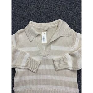 By‎ Together Hayley Pullover Sweater Cream Tan Striped Polo V-Neck W1306 Medium